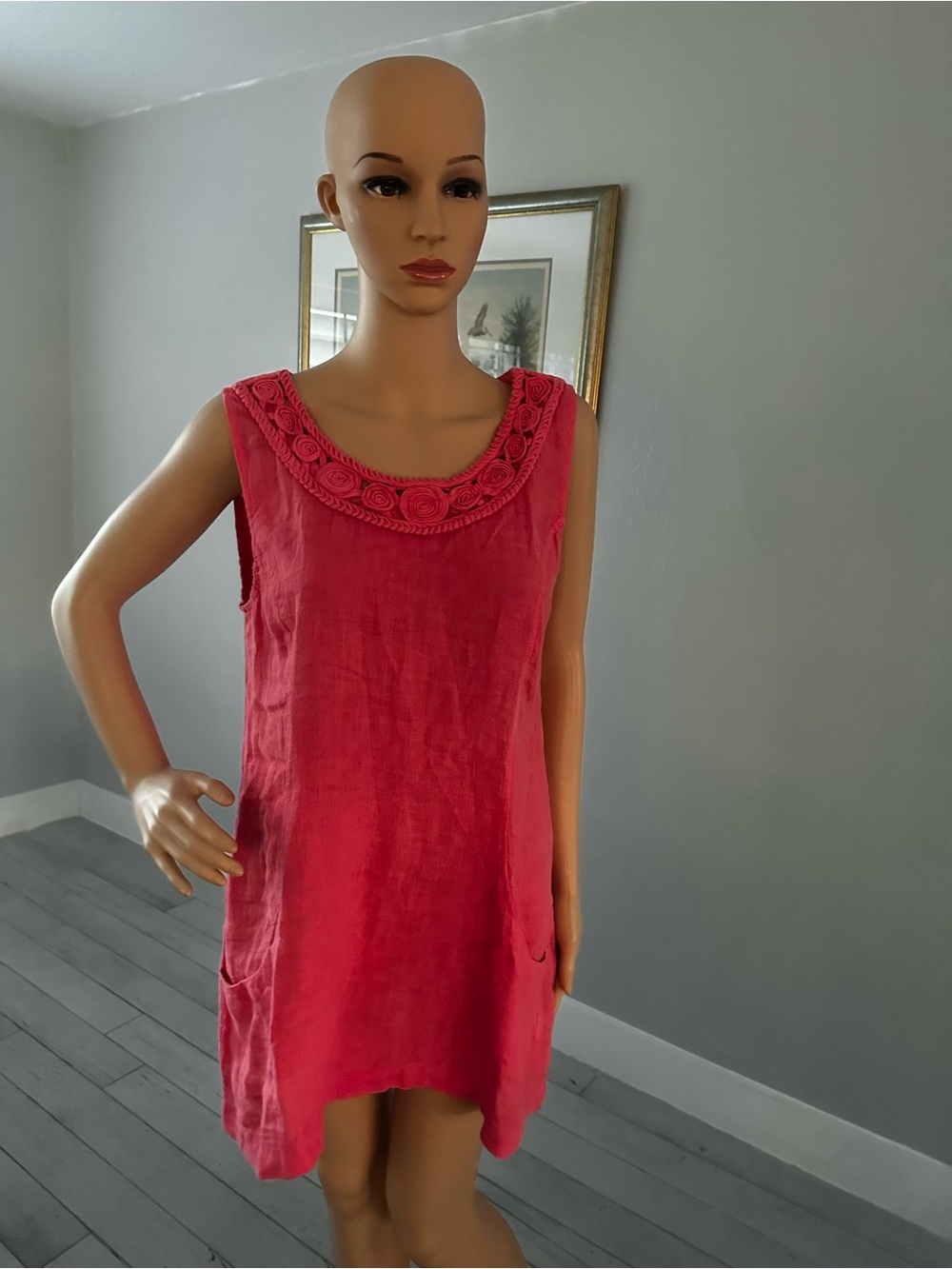 Sleeveless Crochet-Neck Tunic in Bright Pink